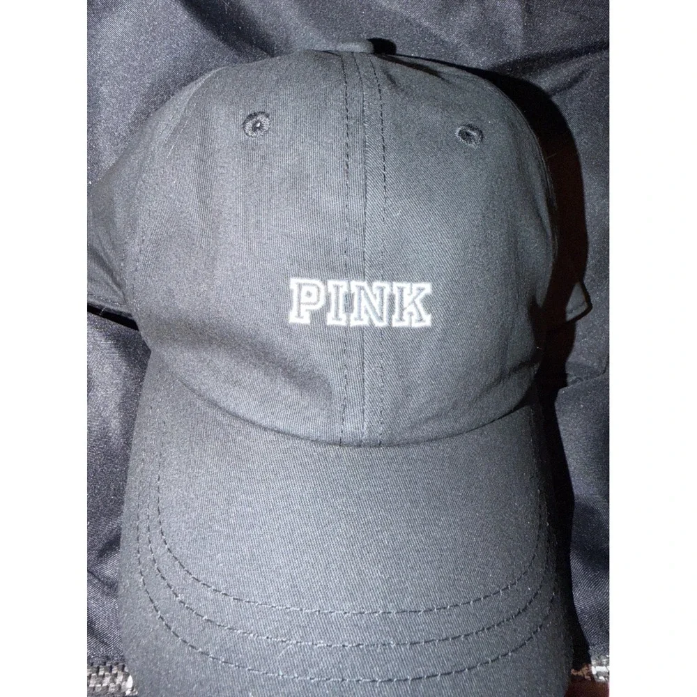 PINK Victoria's Secret Black Embroidered Baseball Cap Adjustable Hat One Size